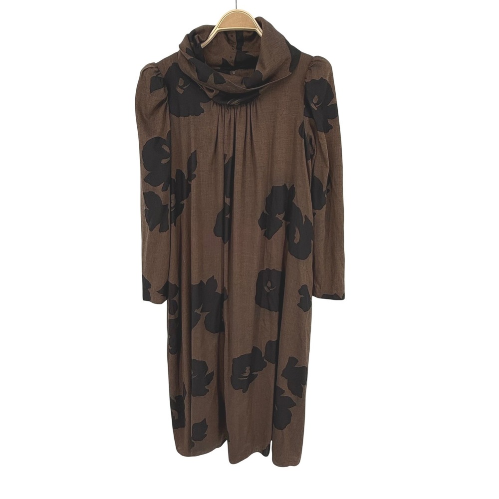 N.R. 1 Ned Gould Floral Herringbone Midi Dress Womens 12 Brown Vintage Cowl Neck